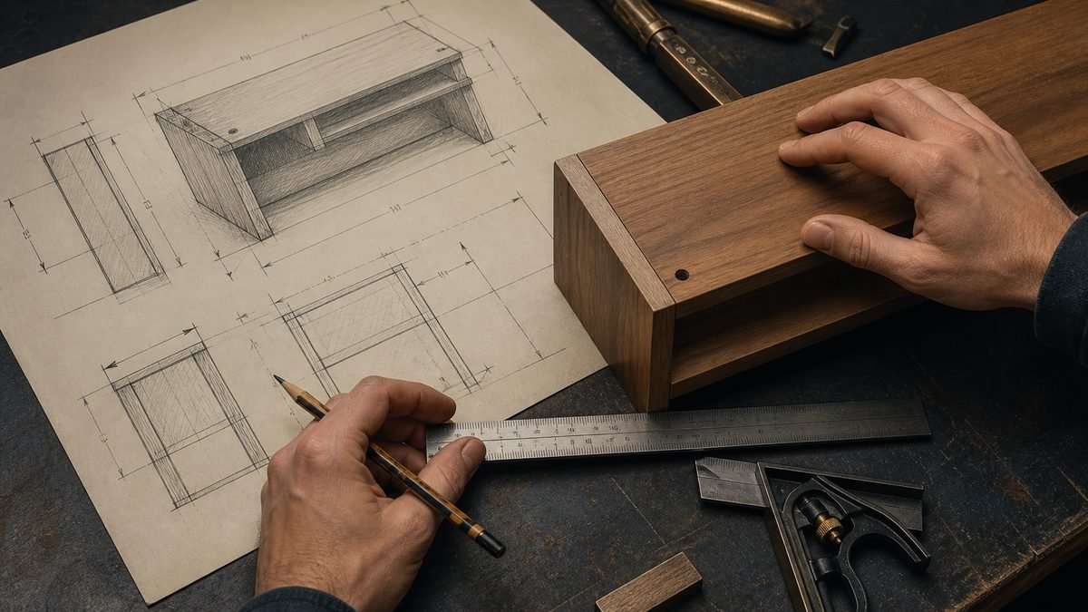 Hands compare a furniture drawing with a wooden part using a steel ruler and combination square.