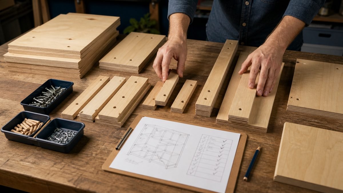 Organized plywood parts, hardwood strips, hardware trays, and a project list cover a workbench.