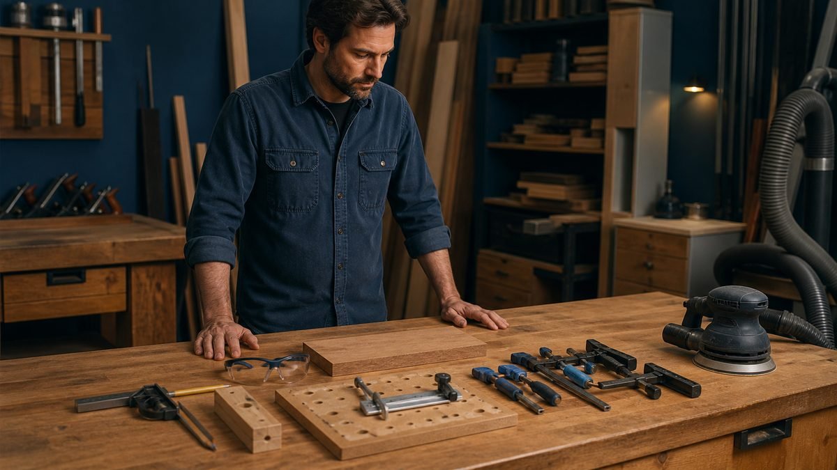 Prepared bench holds measuring tools, clamps, sanding equipment, safety glasses, and dust extraction.