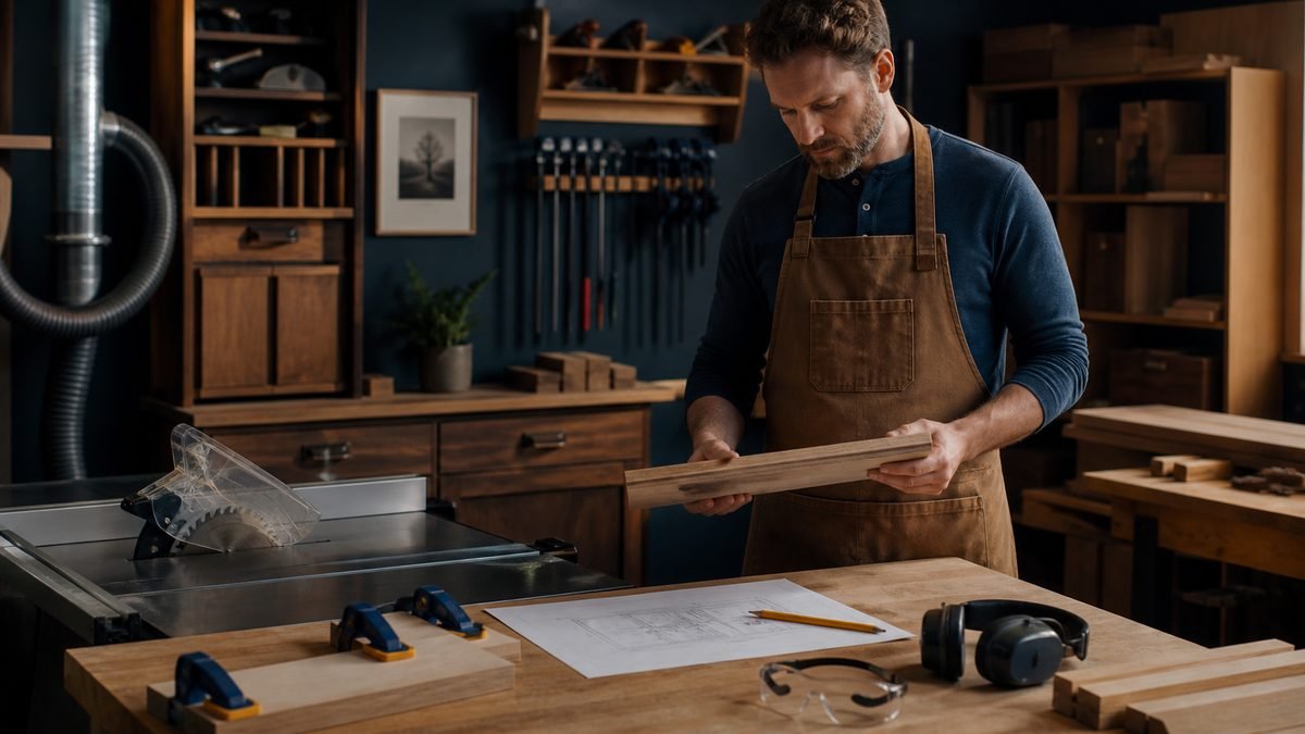Woodworker inspects a board beside a guarded table saw with eye and hearing protection ready.