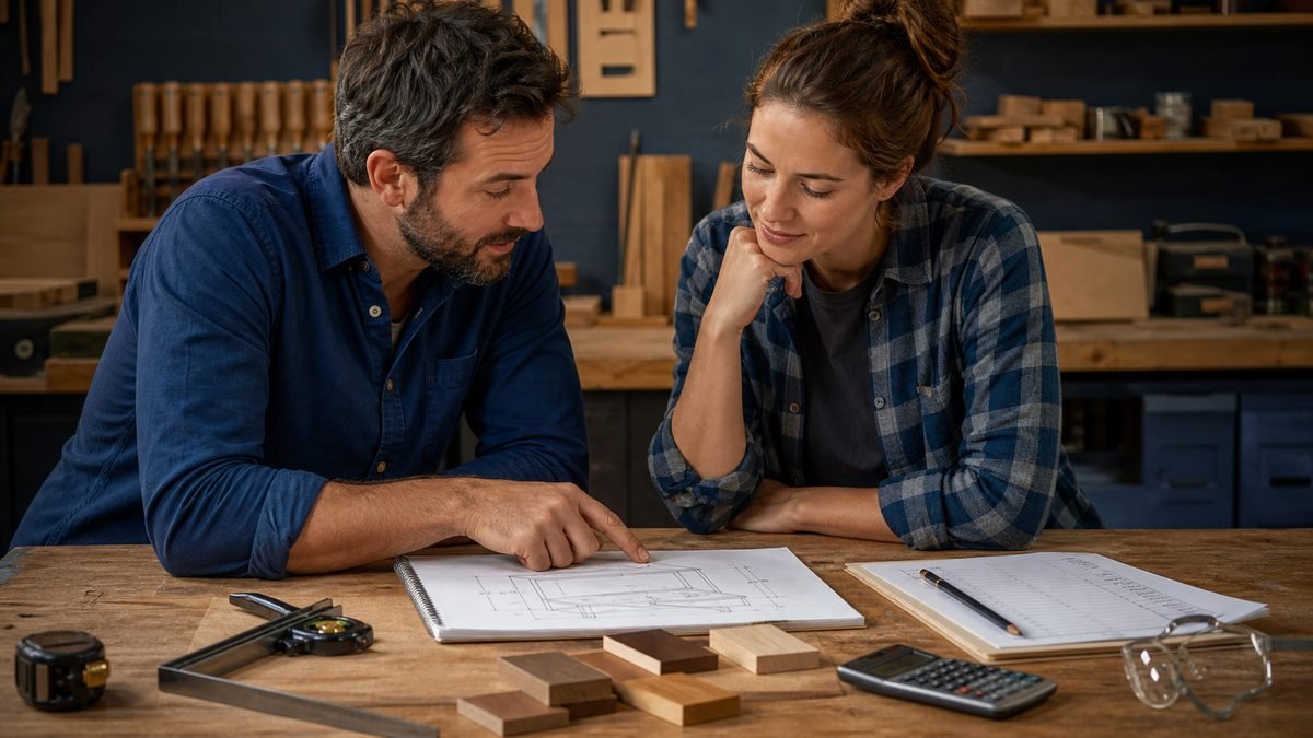 Two DIY woodworkers discuss a furniture plan with wood samples, measuring tools, and safety glasses.