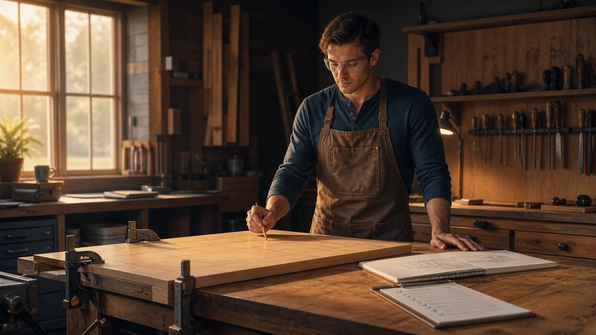Prepared beginner marks a securely clamped board after reviewing a drawing and completed checklist.