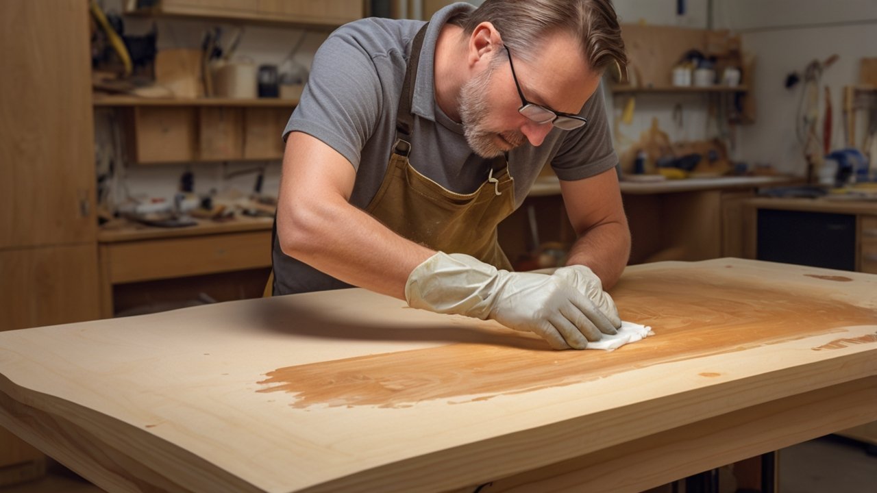 Applying water-based polyurethane to light maple wood in a ventilated workshop