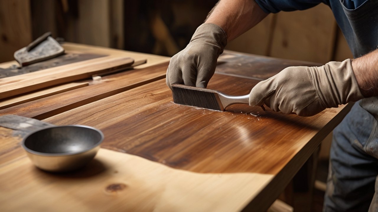 Applying oil-based polyurethane to a dark stained walnut tabletop