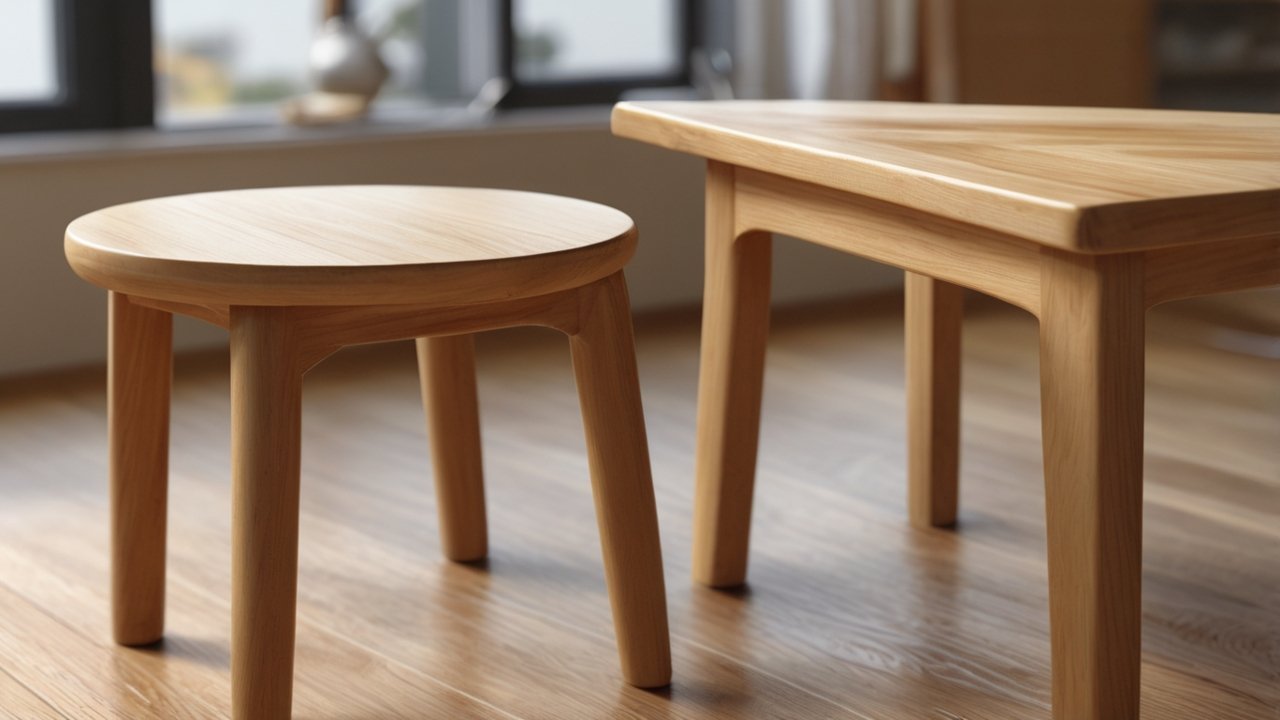 Finished maple and walnut furniture showing water-based and oil-based polyurethane results