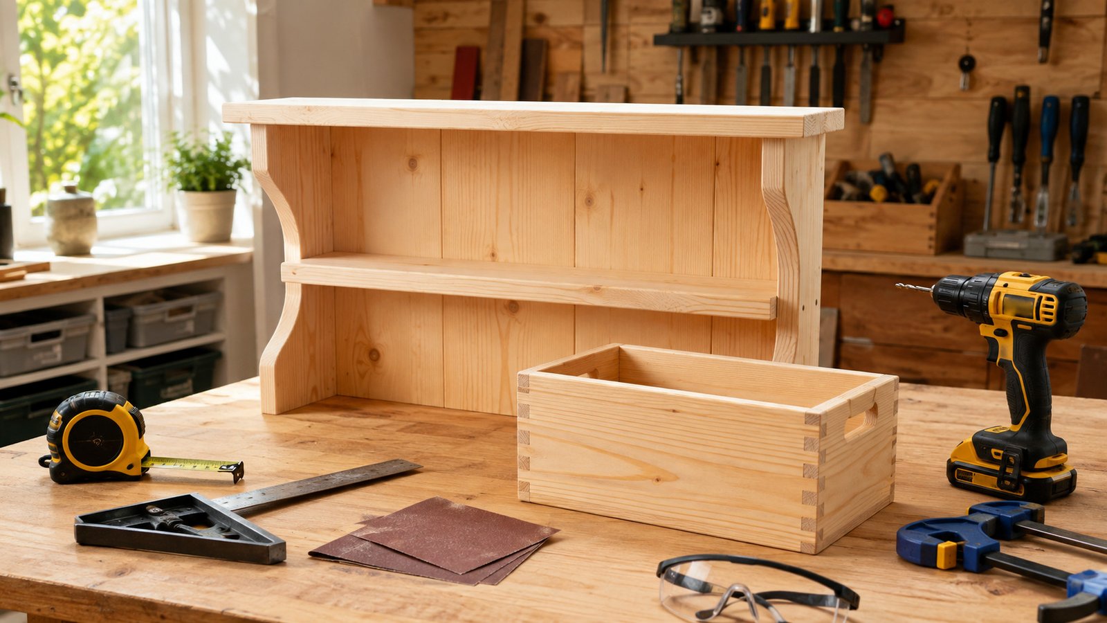 Essential woodworking safety gear including glasses, ear protection, dust mask, and gloves on a workbench