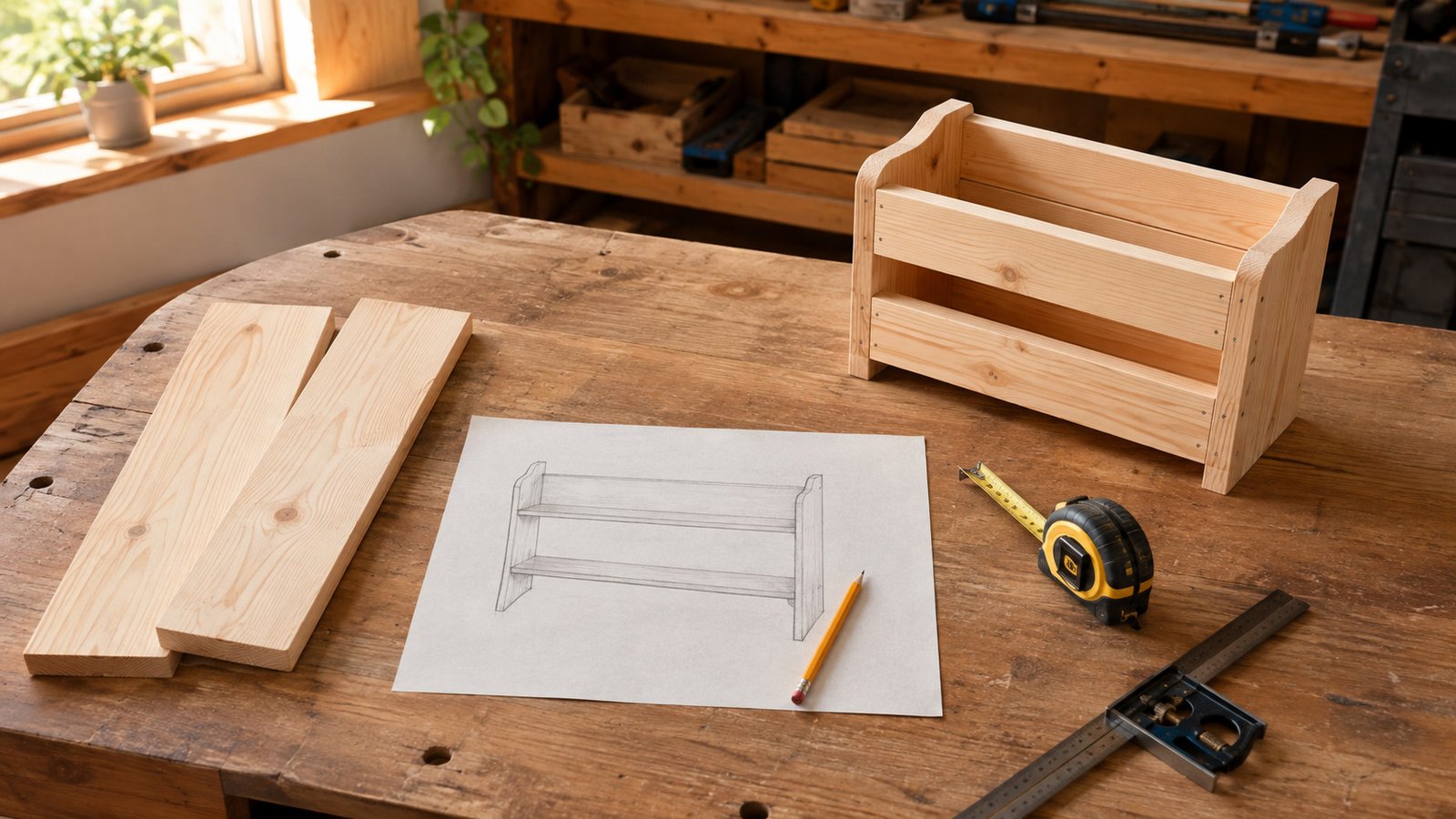 Beginner woodworking safety gear, including protective glasses, earmuffs, and a dust mask arranged on a wooden workbench.