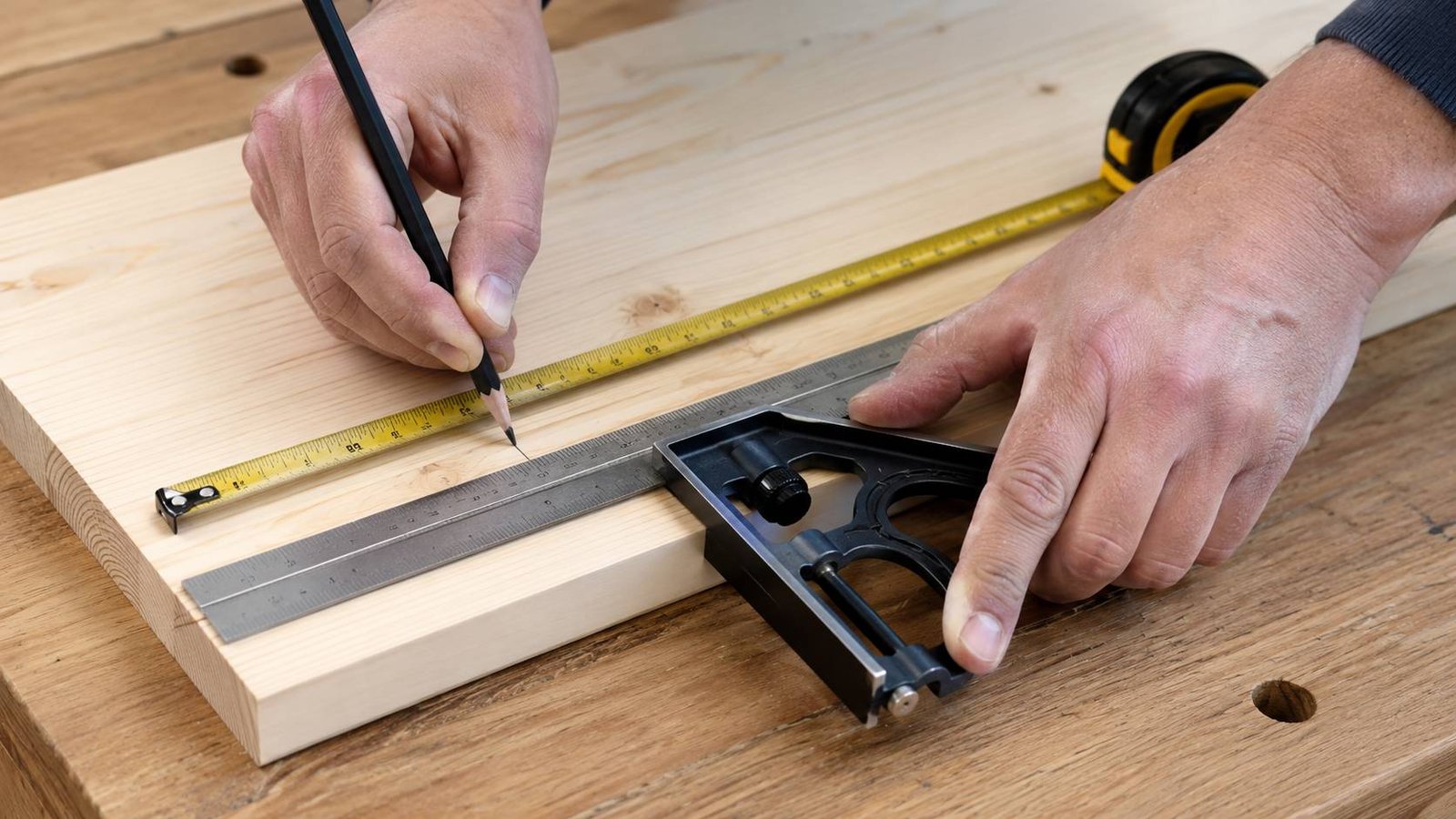 Beginner safely cutting a clamped pine board with a hand saw at a workbench