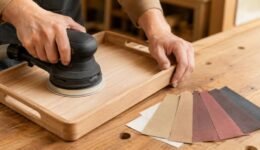 Beginner woodworking tools arranged on a wooden workbench in a bright home workshop