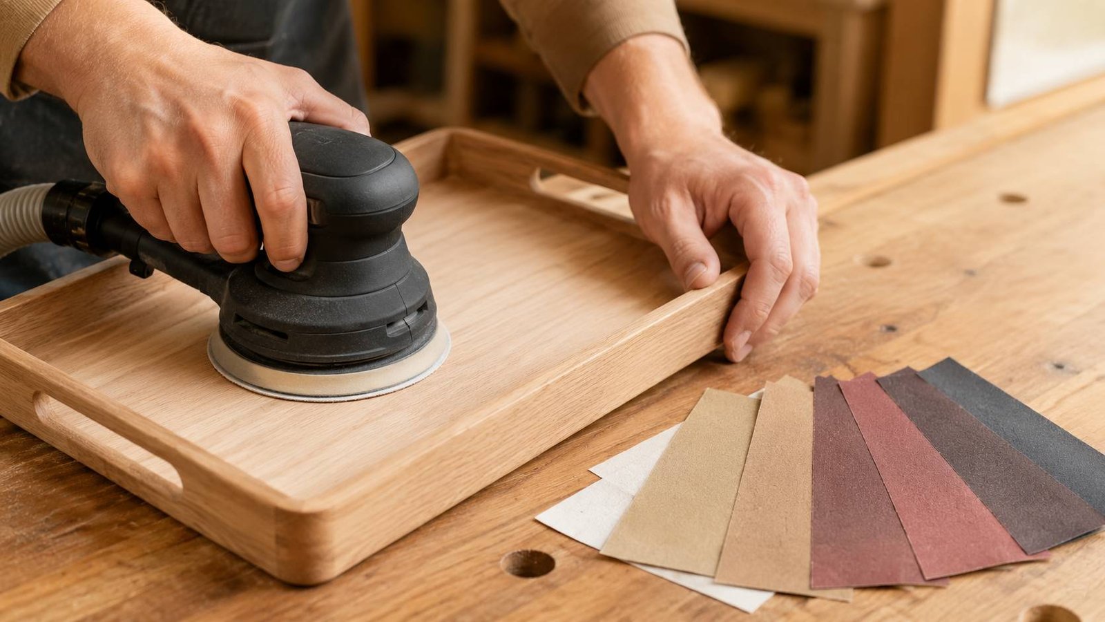Beginner woodworking tools arranged on a wooden workbench in a bright home workshop