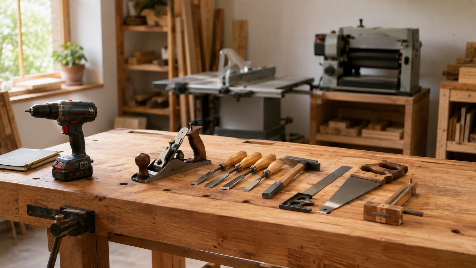 Finished beginner woodworking projects, including a wooden crate and simple shelf, displayed with essential tools in a bright workshop.