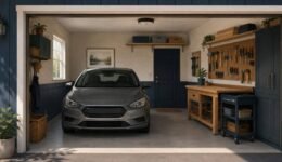 Single-car garage with a gray car, shallow wooden workbench, wall-mounted tools, and a clear access path.