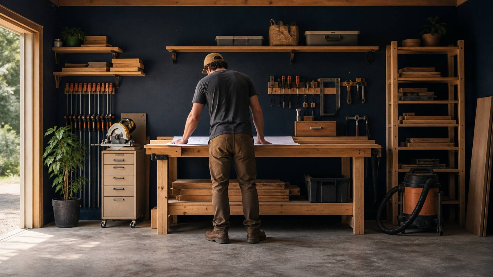 Woodworker reviews a floor plan at the bench inside an organized small garage workshop.