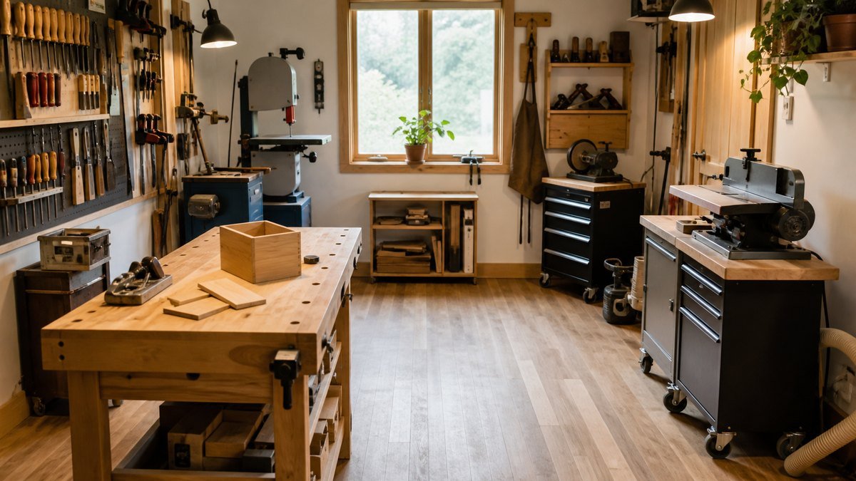 Compact woodworking shop arranged for small projects with an open floor, mobile tools, and a practical workbench.