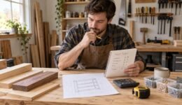 Beginner woodworker reviewing a project sketch, calculator, lumber, and hardware while planning a realistic woodworking budget.