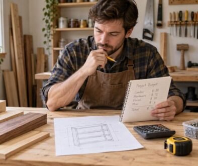 Beginner woodworker reviewing a project sketch, calculator, lumber, and hardware while planning a realistic woodworking budget.
