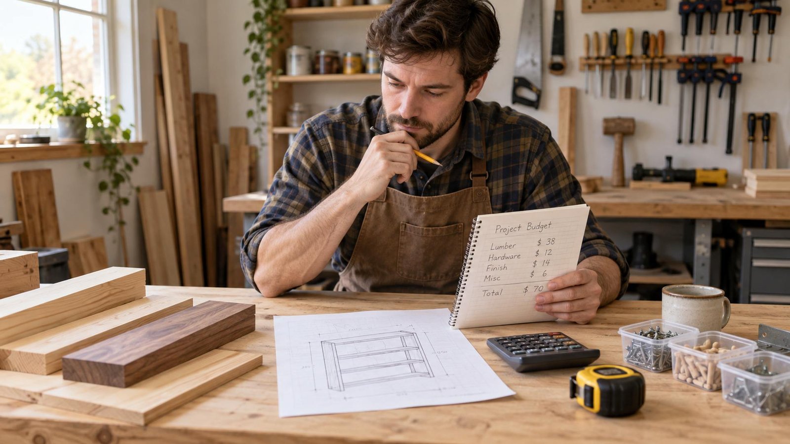 Beginner woodworker reviewing a project sketch, calculator, lumber, and hardware while planning a realistic woodworking budget.
