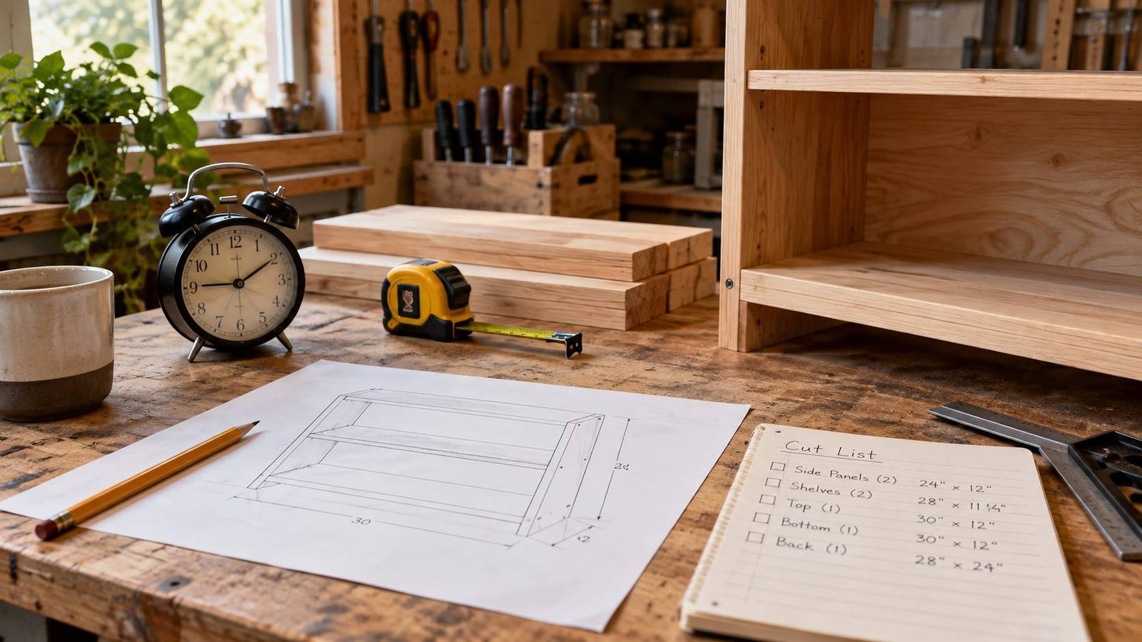 Woodworking project plan, cut list, clock, tape measure, lumber, and a partially assembled shelf on a workshop bench.