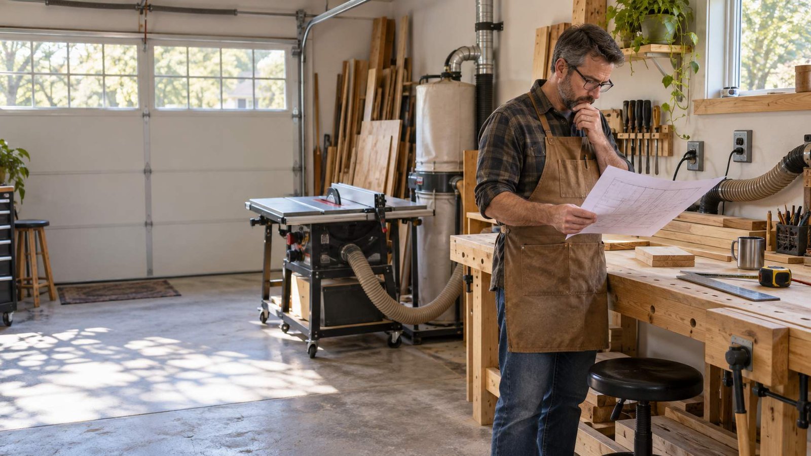 Craftsperson reviews a floor plan in a compact garage woodshop with organized wall outlets and dust collection.