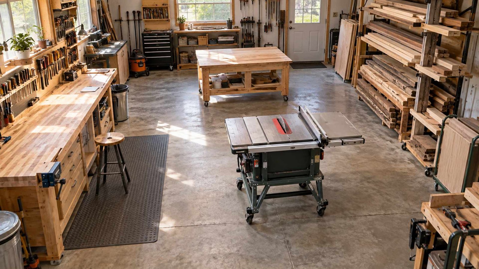 Organized home woodworking shop with a workbench, mobile table saw, lumber storage, and clear floor space.