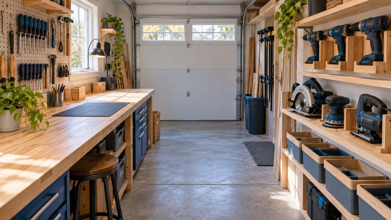 Organized compact woodworking shop with cordless drills, saws, and sanders stored on wall racks beside a clear workbench and open walkway.