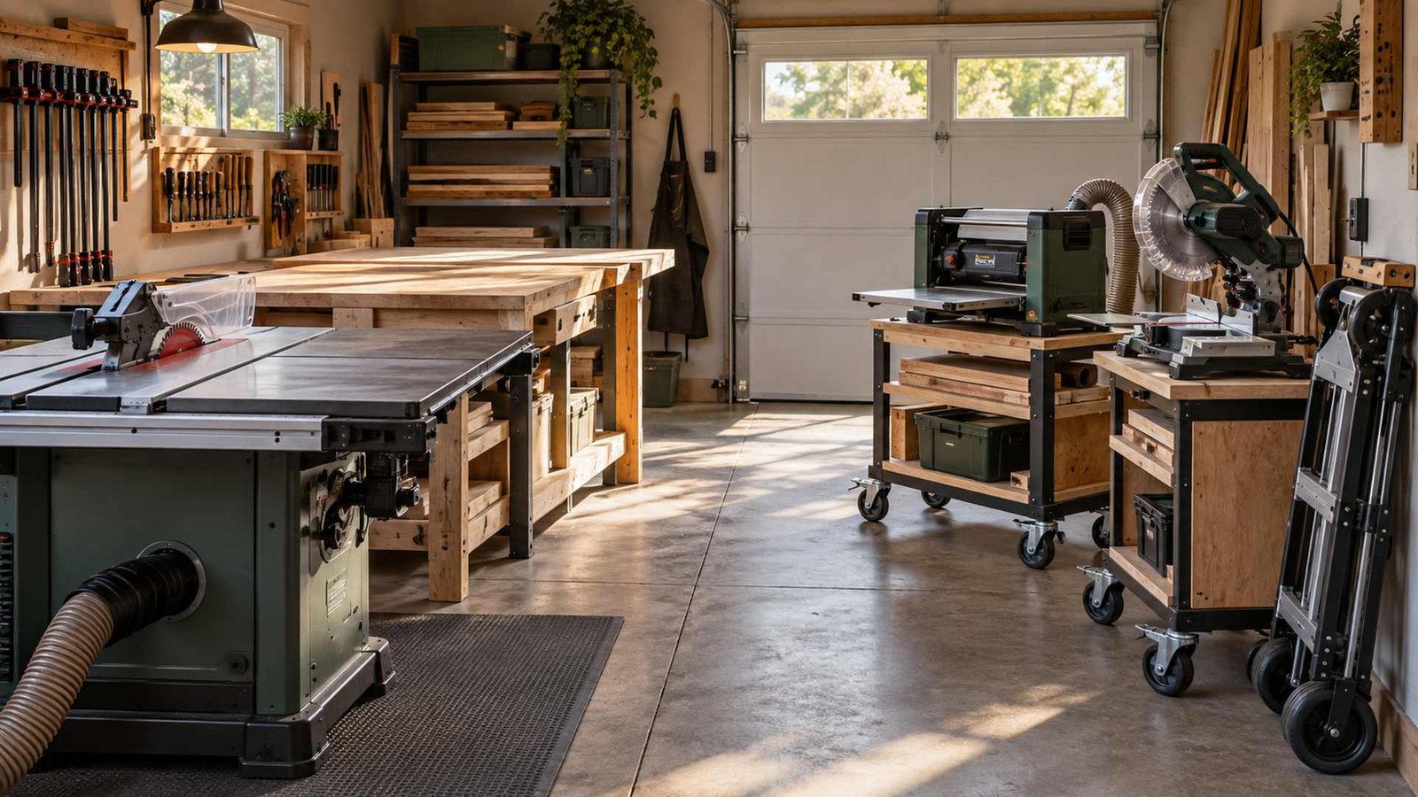 A compact woodworking shop with a fixed table saw and workbench on the left and mobile planer and miter saw carts on the right.