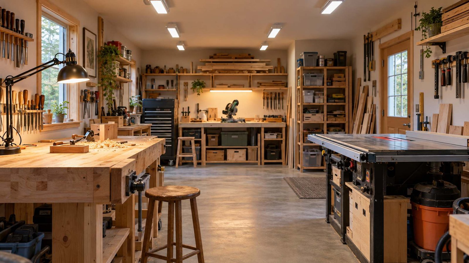 Organized compact woodworking shop with even ceiling lighting, focused task lamps, a clear workbench, and an open central aisle.
