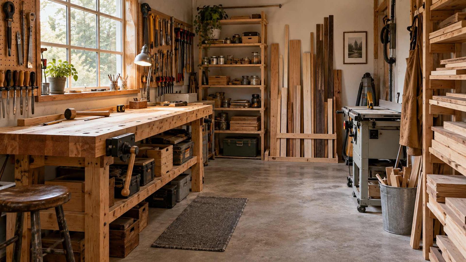 Compact woodworking workshop with a sturdy wall-side workbench, organized hand tools, lumber storage, and a clear central walkway.