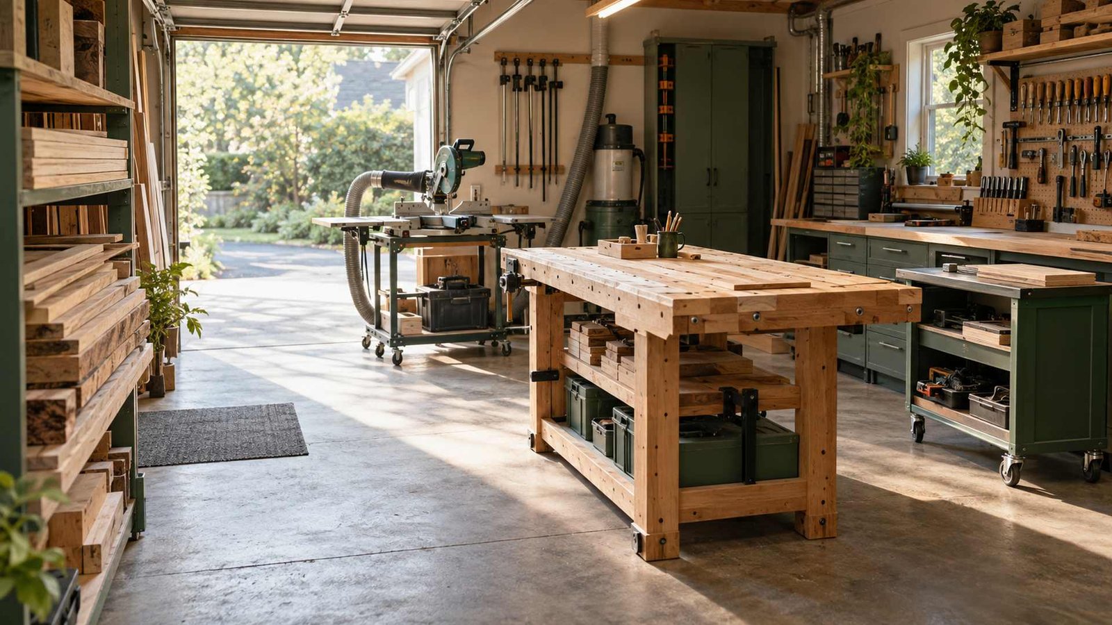 Small garage woodworking shop with lumber storage, cutting station, central workbench, mobile cart, and clear walking paths.