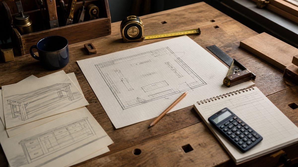 Workshop floor plan, tape measure, square, calculator, and project sketches arranged on a wooden bench.