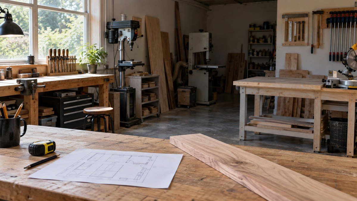 Small workshop bench with a floor plan, measuring tools, and visible bright and dim zones used to assess existing light.