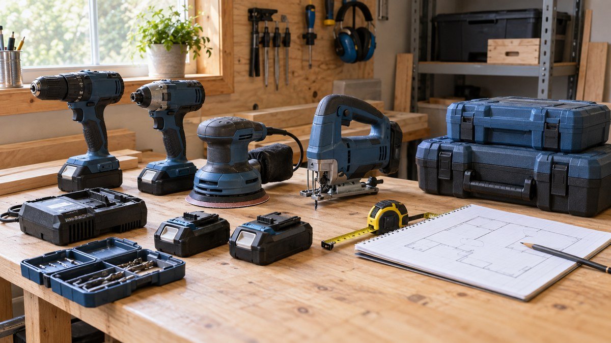 Power tools, batteries, cases, a tape measure, and a workshop plan arranged on a workbench for a storage audit.