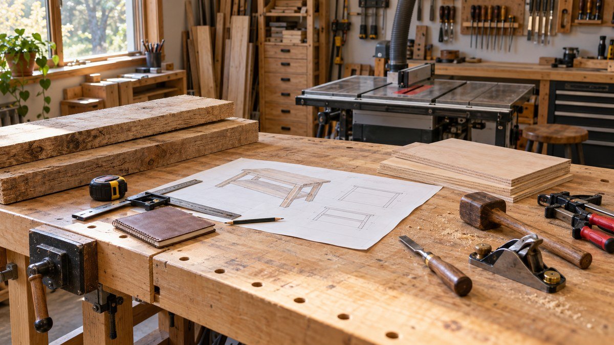 Workbench with rough lumber, plywood parts, measuring tools, clamps, and a furniture project drawing.
