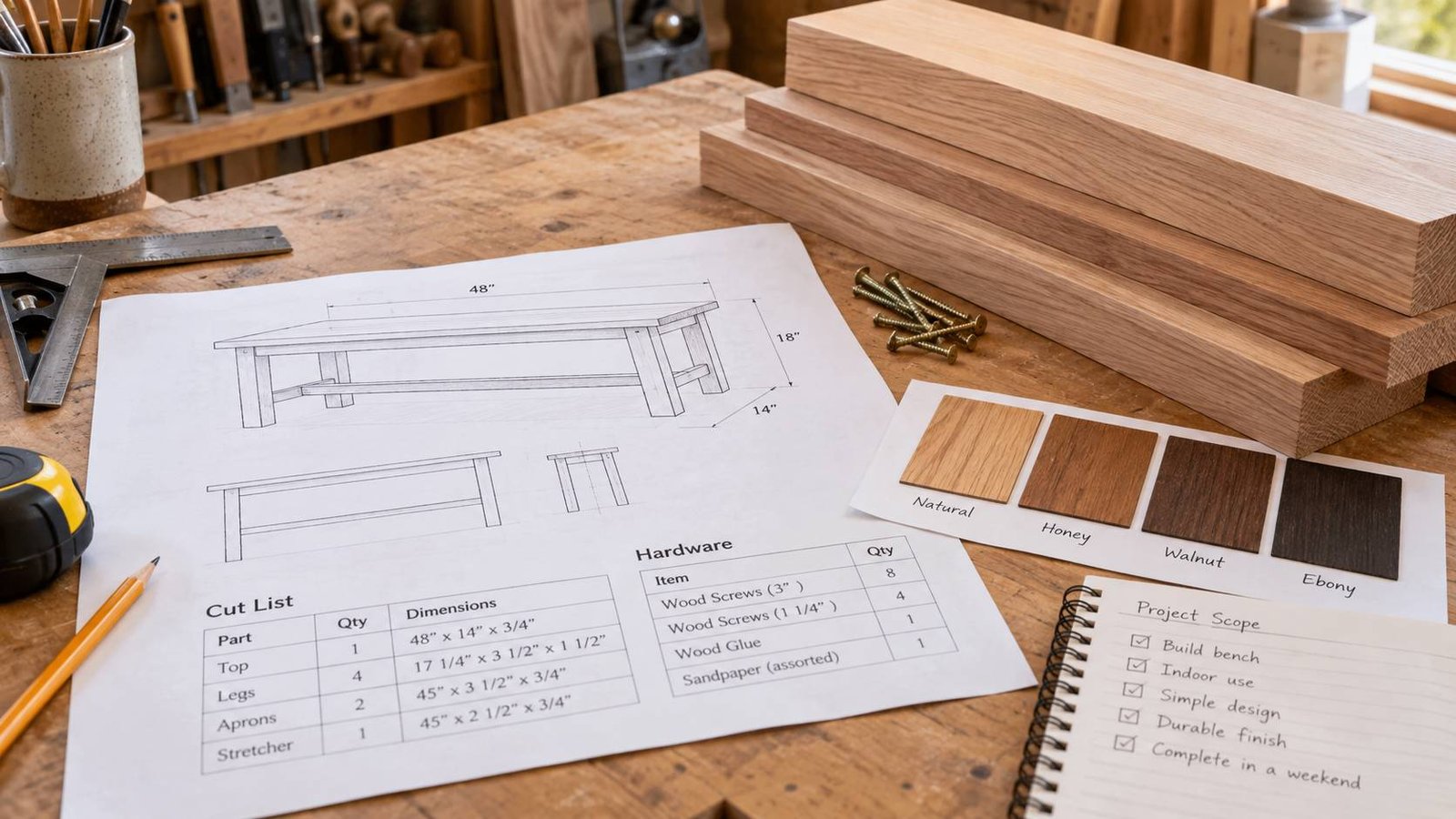 Detailed woodworking plan with lumber, hardware, finish samples, and a project scope checklist on a workbench.