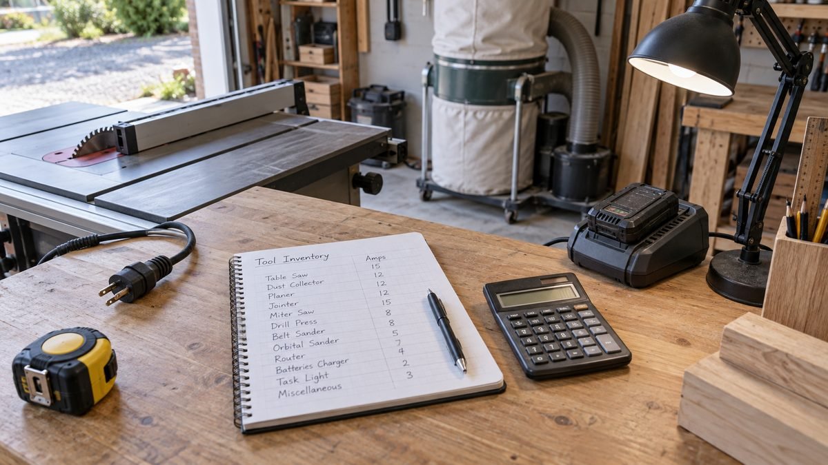 Workbench holds a tool inventory, calculator, unplugged cord, charger, and tape measure for estimating workshop power demand.