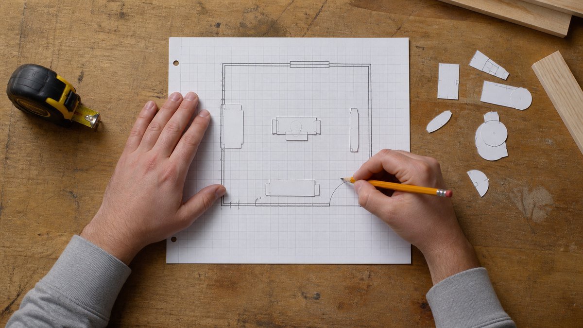 Beginner draws a scaled 8x8 workshop plan on graph paper using movable tool templates and a tape measure.