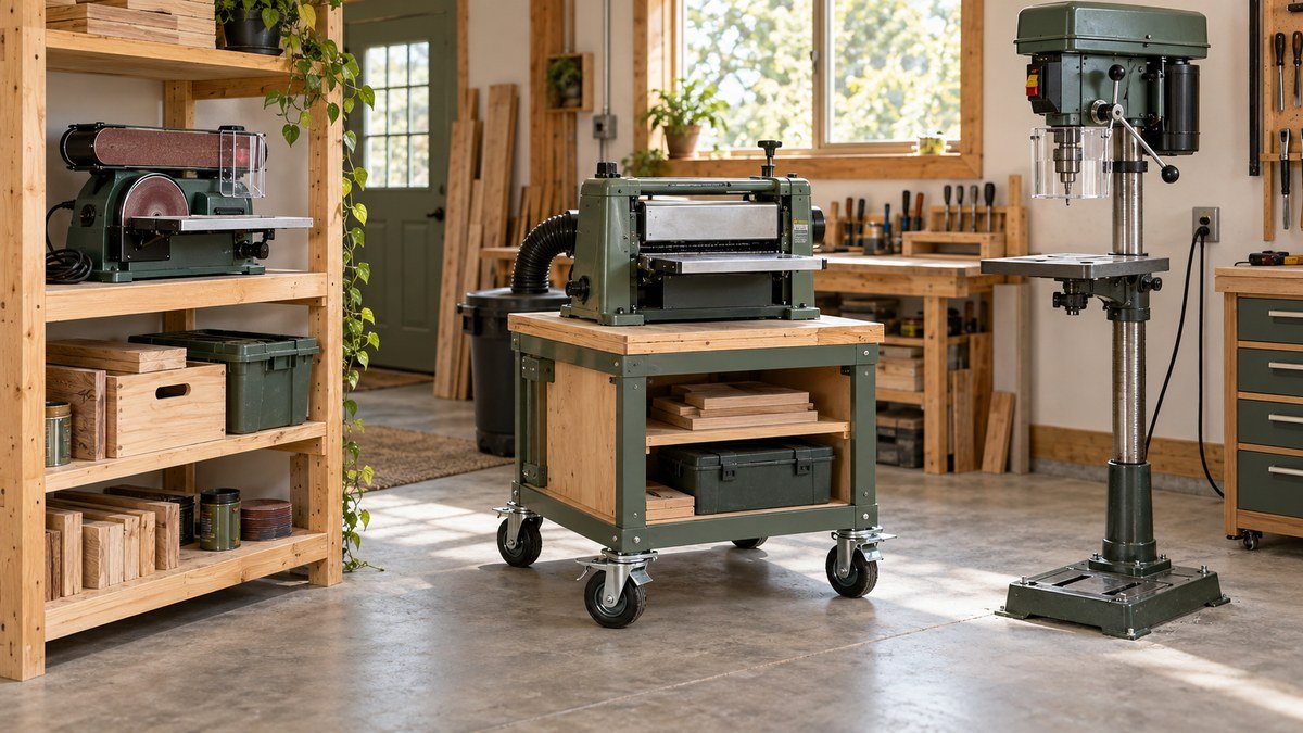 Three mobility levels in a small shop: a benchtop sander on shelving, a planer on a rolling cart, and a fixed drill press.