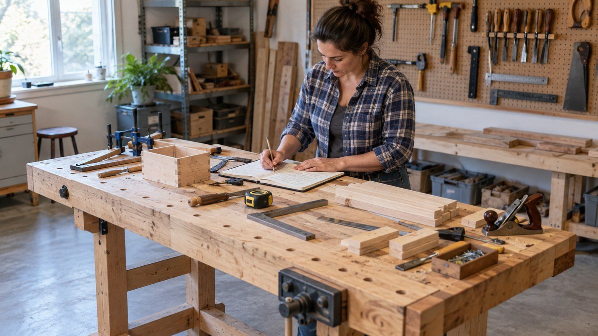 Beginner woodworker planning tasks at a large wooden workbench with measuring tools, clamps, hand tools, and project parts.