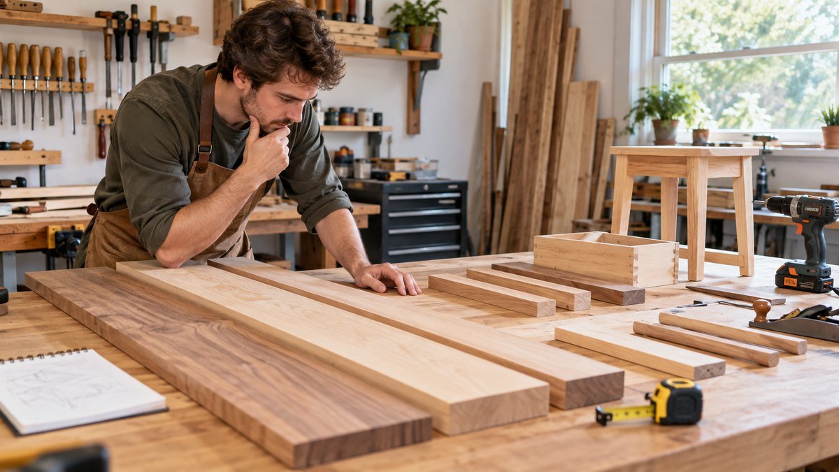 Beginner compares project boards, small furniture parts, and tools on a woodworking bench.