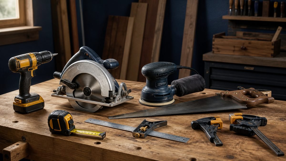Beginner drill, circular saw, sander, hand saw, square, tape measure, and clamps on a sturdy workbench.