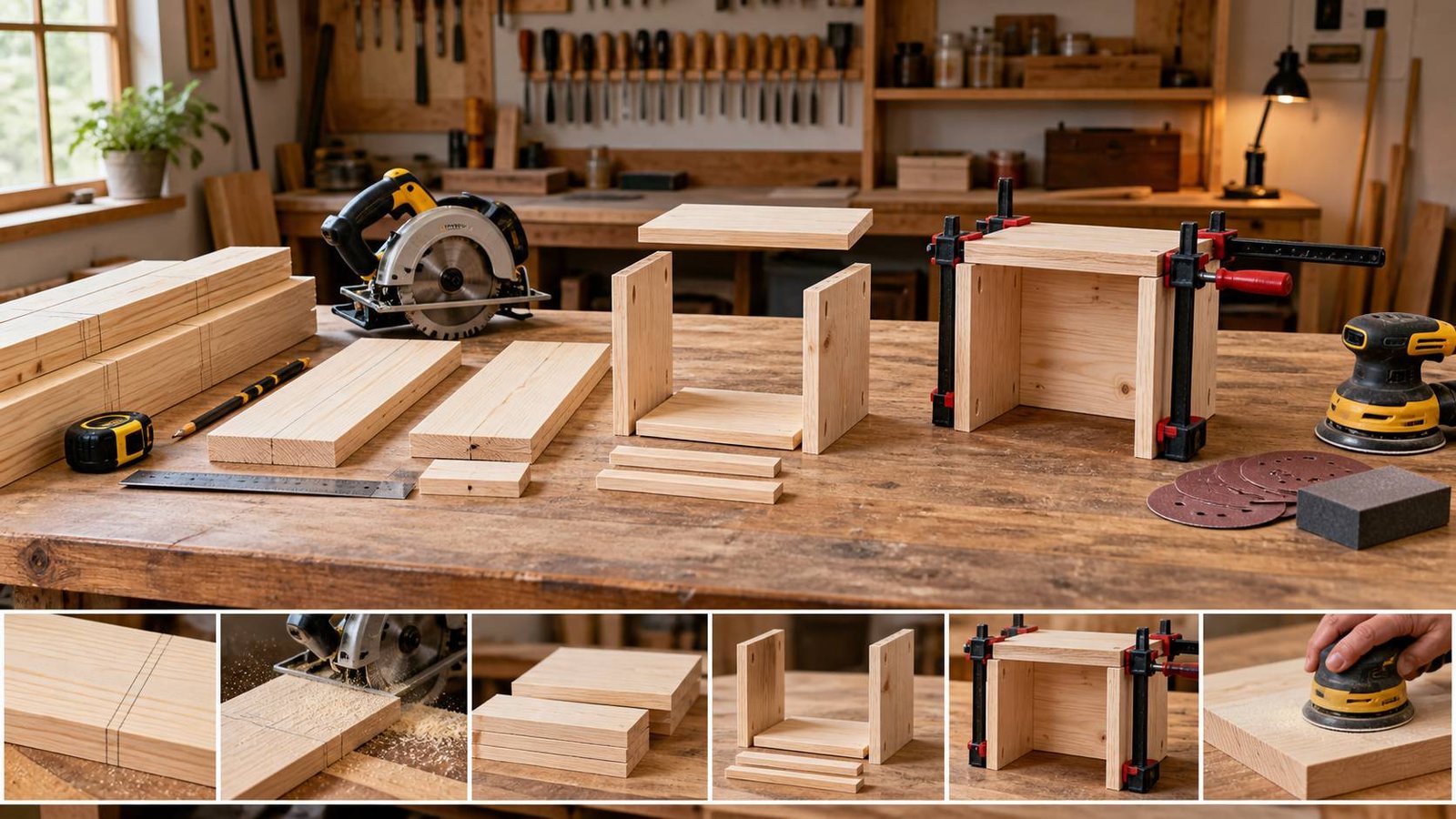 Woodworking project shown in stages from marked boards and cutting to dry fitting, clamping, and sanding.