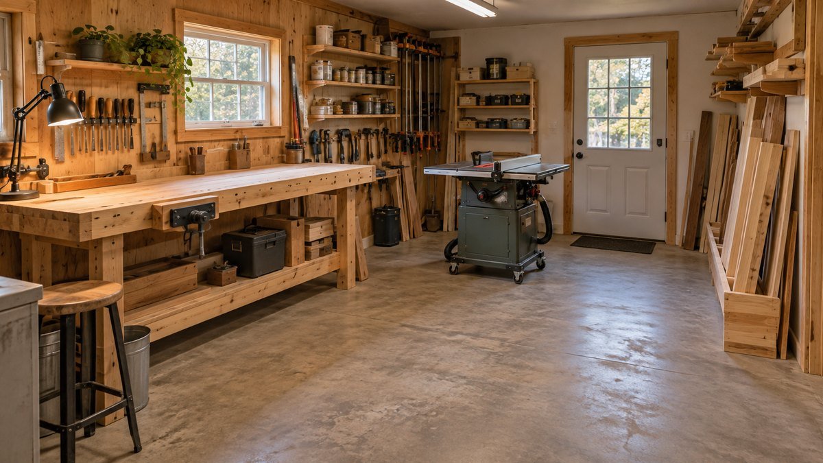 Compact home woodshop with a wall bench, mobile table saw, vertical lumber storage, and an open aisle.