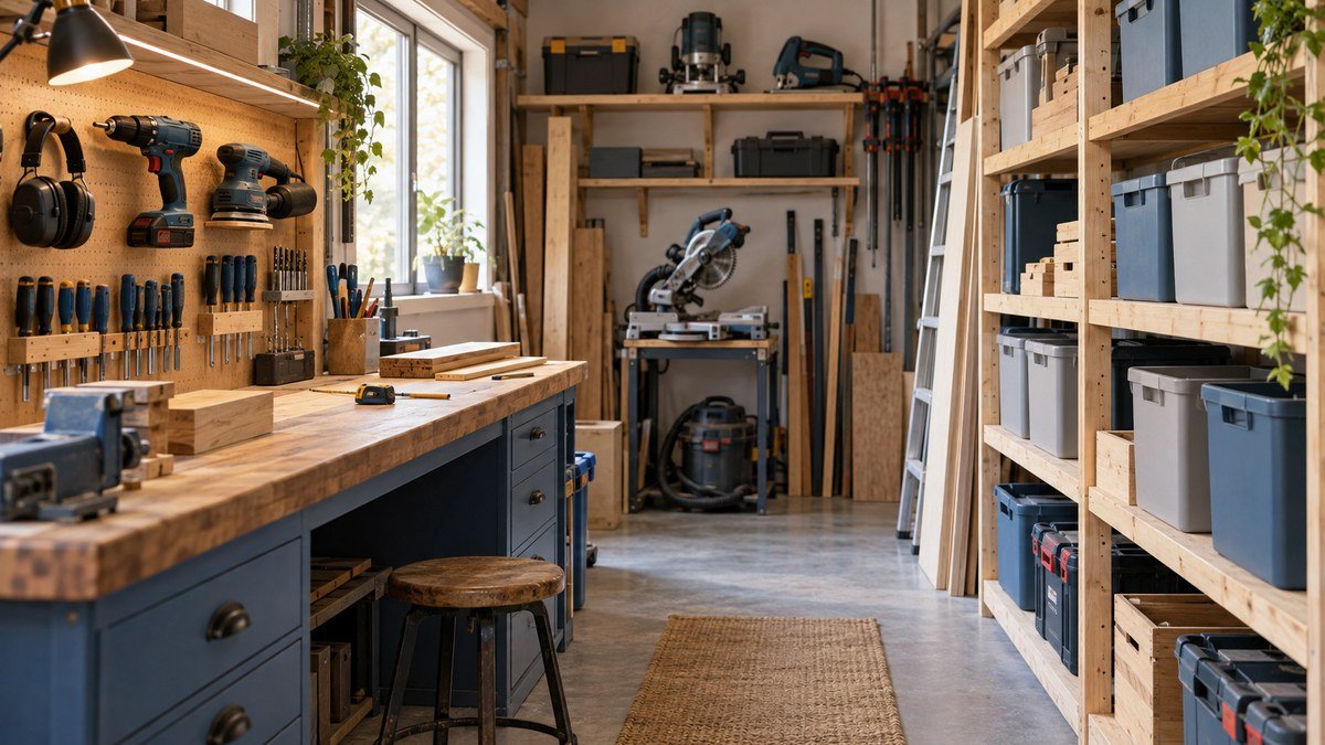 Small workshop organized into easy-reach wall storage, secondary shelves, and reserve storage for power tools and cases.