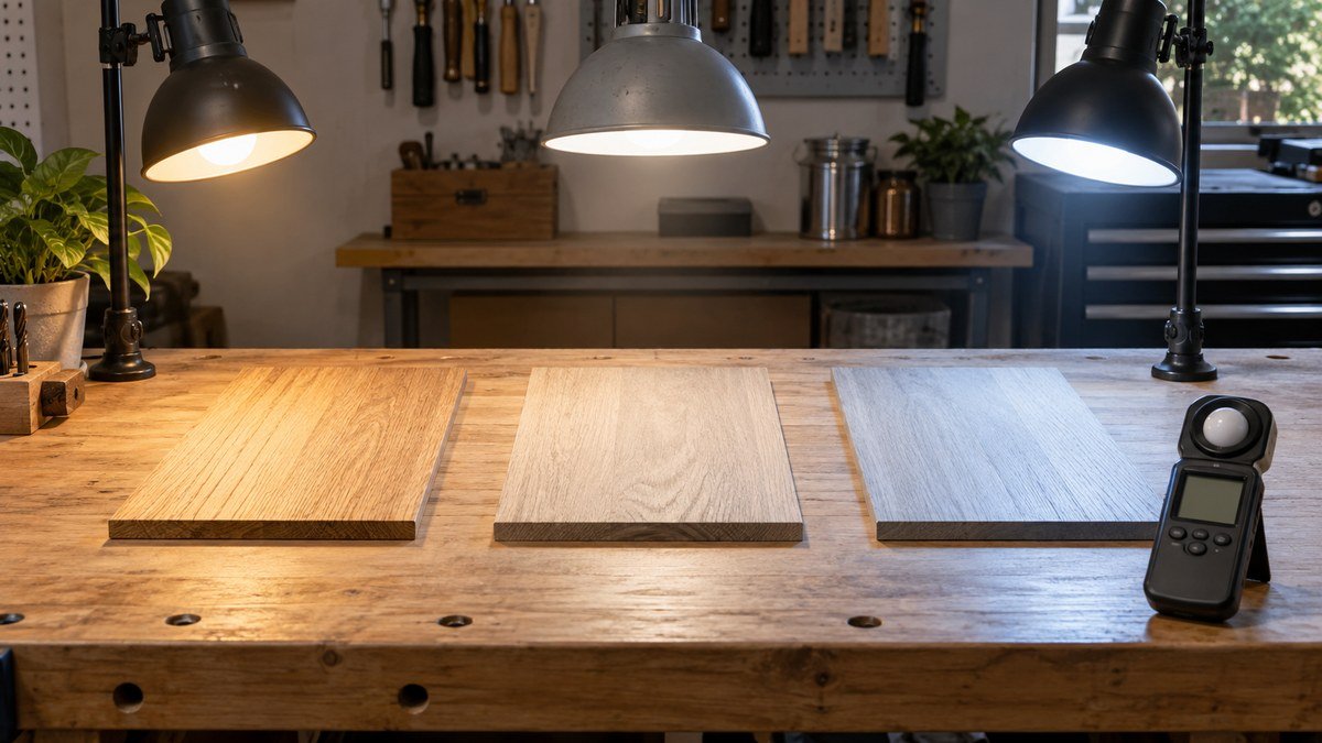 Wood samples under warm, neutral, and cool lamps beside a handheld light meter for comparing workshop lighting.