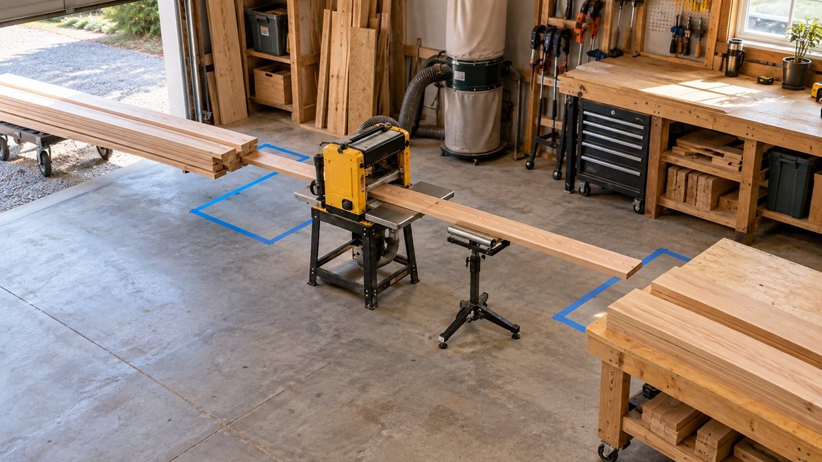 Define the Work Your Shop Must Support The most useful woodworking shop workflow starts with the projects you actually build. A layout designed for turning pens will look very different from one designed for cabinets, dining tables, or built-ins. Before moving a single machine, list the types of projects you expect to complete during the next year. For each project type, note four things: The largest raw material you bring into the shop. The operations you perform most often. The largest component you must assemble. The amount of temporary space needed for drying, finishing, or storage. A furniture builder may need room to break down sheet goods, joint and plane boards, cut joinery, dry-fit large assemblies, and apply finishes. A weekend DIYer may rely mainly on a circular saw, miter saw, drill, and folding bench. Neither person benefits from copying the other’s floor plan. Next, write the normal sequence of operations. A basic solid-wood project might follow this path: Bring lumber into the shop and inspect it. Store or acclimate the material. Cut rough parts to manageable length. Joint, plane, or otherwise prepare the stock. Make final cuts and joinery. Dry-fit and assemble the project. Sand, finish, and allow the project to cure. Store tools, offcuts, and the finished piece. This sequence becomes the backbone of your woodworking shop workflow. It reveals which tools should sit near each other, where a shared bench makes sense, and where a permanent station may interrupt rather than help. Also identify constraints that cannot move: doors, stairs, vehicles, electrical panels, windows, low ceilings, water heaters, and structural posts. A thoughtful woodworking shop setup works around those fixed elements instead of treating the room as an empty rectangle. Do not begin by assigning every square foot. Keep some uncommitted space for stock handling and assembly. Open floor area is a working tool in a small shop, not wasted space.