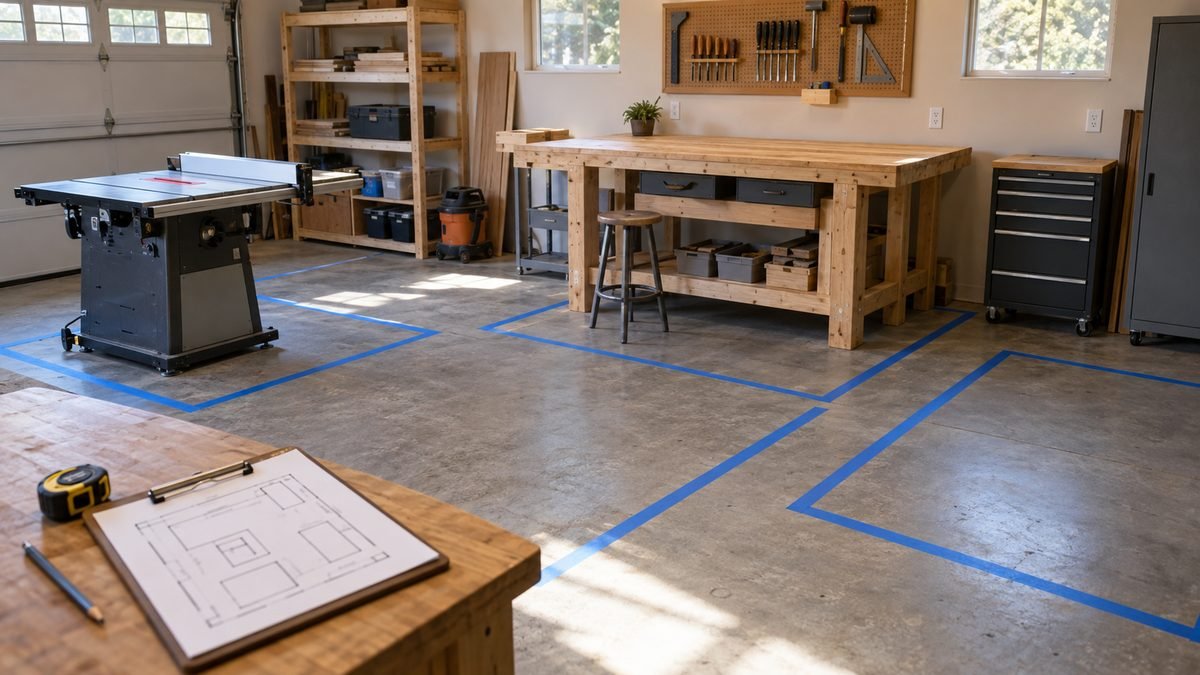 Blue tape marks machine zones and clear walking paths in a small garage workshop with wall outlets above the bench.