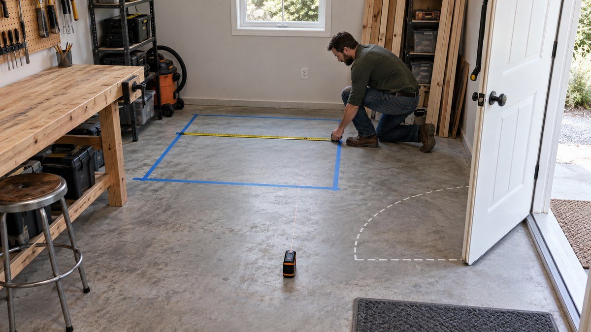 Workshop floor marked with blue tape for a future workbench while a person measures the open area near a doorway.