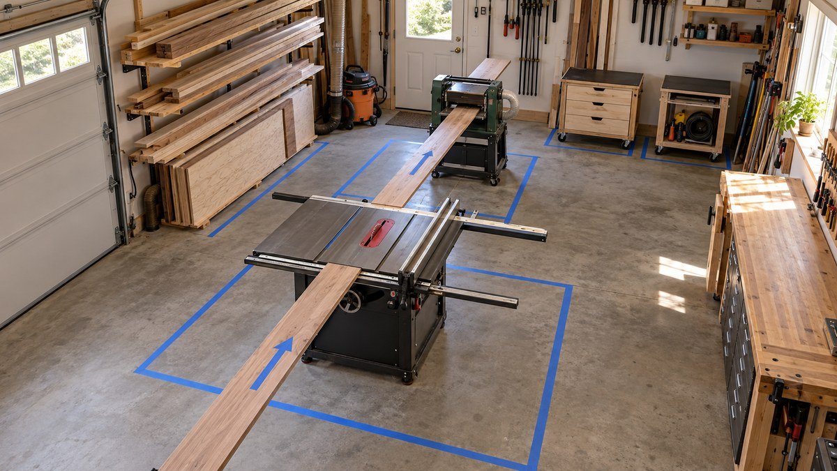Overhead view of a compact workshop with taped machine clearances and long boards showing safe material flow.