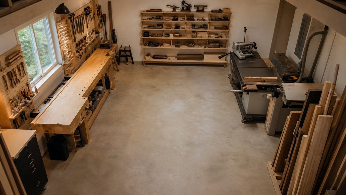 Overhead view of an 8x8 woodshop divided into bench, storage, lumber, and mobile machine zones.