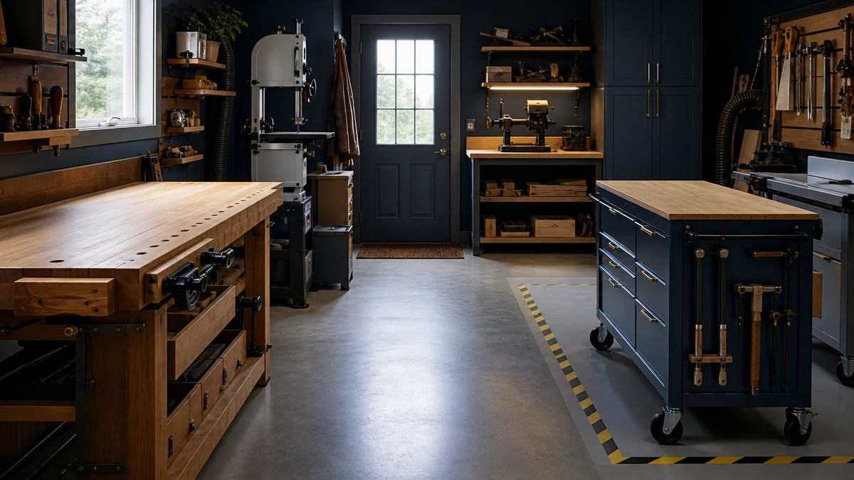 Compact woodshop with a clear central aisle, mobile tool cart, workbench, storage, and unobstructed exit.